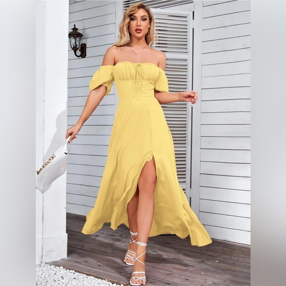 Romantic Off-Shoulder Ruched Maxi Dress in Sunshine Yellow - Picture 3 of 14
